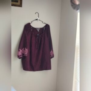 Olivia & Martin Blouse Women 3X Chic Burgundy with Pink Floral Embroidery